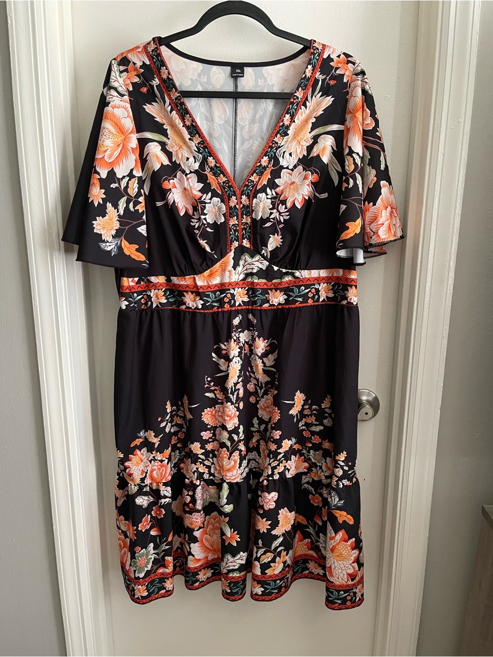 Floral V-Neck Black Dress with Peach & Cream Blooms